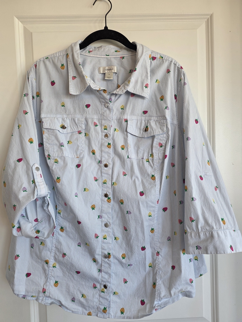 CJ Banks Light Blue Striped Shirt with Multicolor Strawberry Print